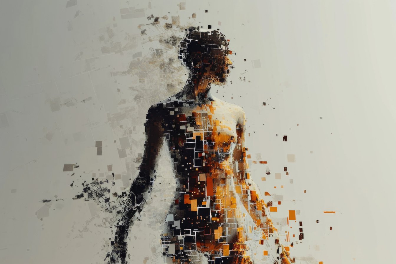 Abstract Representation of a Person's Body Made of Pixelated Shapes, Suggesting the Malleability and Programmability of the Human Form